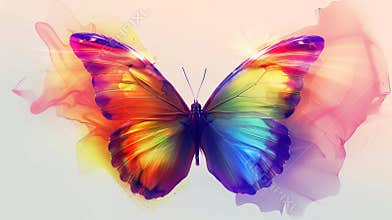 Bright colorful butterfly with rainbow wings on soft pastel background