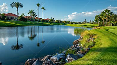 Peaceful palm trees and pond at a golf course