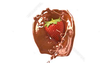 Strawberry falling in chocolate splash slow motion, depth of field