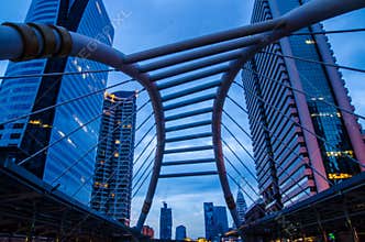 Business area, Night view of high buildings and public sky walk