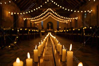 Burning candles lighting up aisle for wedding ceremony