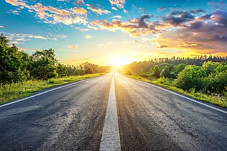 Sunrise Road, Summer Sunny Highway, Journey Landscape, Way to Sunlight Horizon, Copy Space