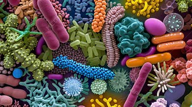The colorful image shows a microscopic view of the different types of bacteria present in the gut microbiota
