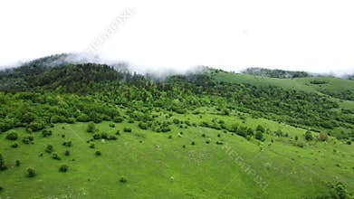 Landscape with green grass and mountains, aerial shot in Croatia