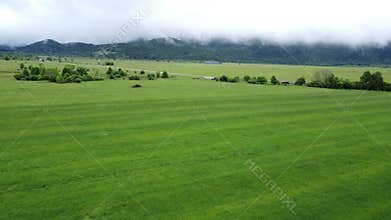Landscape with green grass and mountains, wide aerial shot.