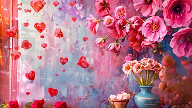 A painting featuring pink flowers arranged in a blue vase, creating a visually appealing composition, A romantic setting with