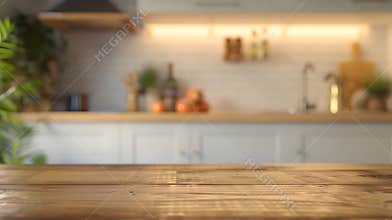 Generative AI empty table board and defocused modern kitchen background product display concept business concept.