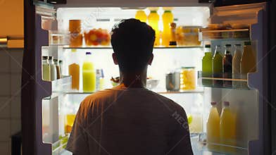 Generative AI Back of hungry man opening fridge refrigerator doors domestic appliance searching for food inside wi