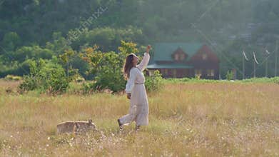 A Welsh Corgi dog with a woman walking through a golden field