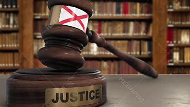 Alabama Flag on Judge Hammer in Court with Word Justice. Justice System Concept