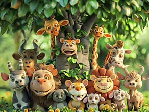 Animated Animals Gather Around a Tree
