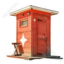 Vibrant orange wooden outhouse isolated on transparent