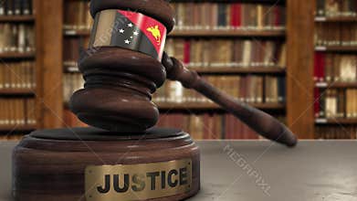 Papua New Guinea flag on judge hammer in court with word justice. Justice system concept