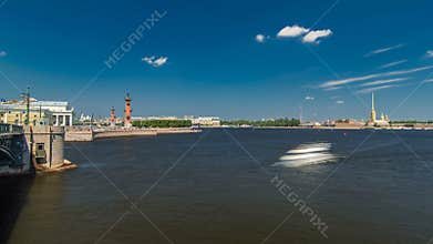 Strelka - Spit of Vasilyevsky Island with the Old Stock Exchange and Rostral Columns timelapse in Saint Petersburg