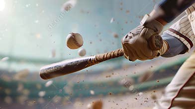 Baseball athlete in action on the stadium, close-up of baseball batter hitting the ball