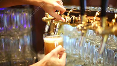 Barman fills mug with beer from faucet at
