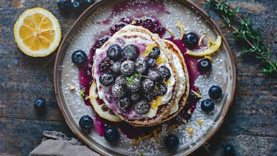 Delicious Blueberry Pancakes with Lemon Garnish on Rustic Table