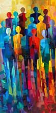 A painting of a group of people in a colorful line