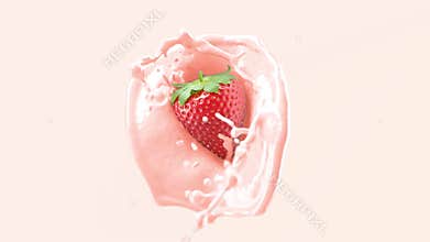 Strawberry falling in yogurt splash slow motion, depth of field