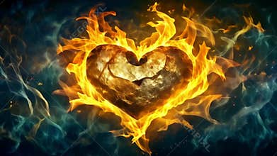 Enveloped in darkness, a heart is consumed by flames, forming a powerful visual representation
