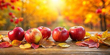 Red Apples and Autumn Leaves on a Sunny Fall Day AI Generative