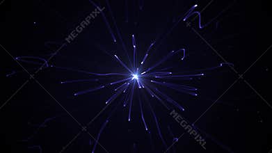 Seamless loop animation of shiny energy burst with purple ethereal streaks and white star particles spreading on a dark background