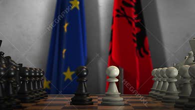 Albania And EU Flags. Politics And Conflict Concept Animation. Chess Board Game Play