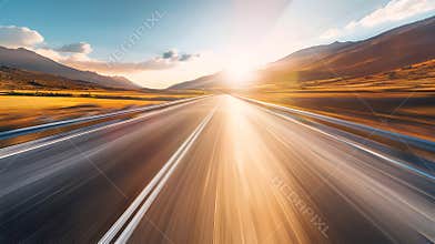 Generative AI Empty long mountain road to the horizon on a sunny summer day at bright sunset  speed motion blur ef