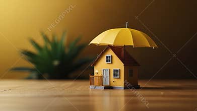 Real estate insurance industry, home safety and protection concept, house under umbrella family safety concept, sample