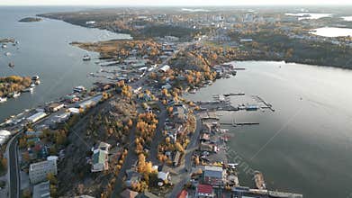 Aerial view of Yellowknif Old Town in Autumn. Northwest Territories, Canada.