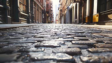 Generative AI New York City old SoHo Downtown paving stone street with retail stores and luxury apartments busines