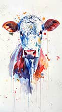 Watercolor painting of a cow splashing vibrant colors. Art of livestock animals. Concept of rural life, farming, animal