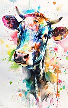 Watercolor painting of a cow splashing vibrant colors. Art of livestock animals. Concept of rural life, farming, animal