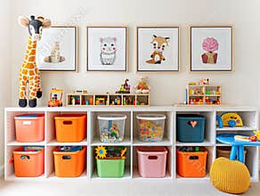 Organized Playroom with Colorful Storage Bins and Toys