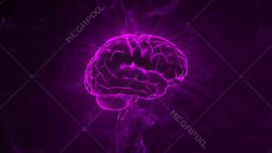Looped animation of human brain spinning with smoke waves on a background