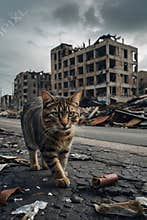 A cat in a street of a destroyed city