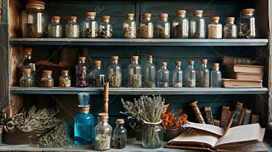 Vintage Apothecary Cabinet with Herbal Ingredients and Old Books
