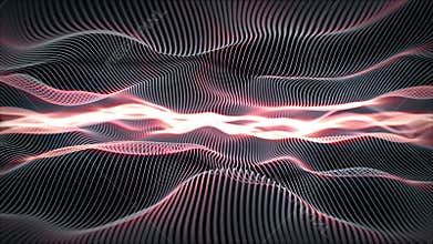 Abstract space of waves made of curvy gray strings with bright lava glow effect
