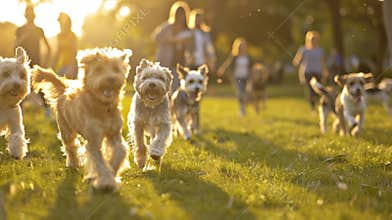 Indistinct image of a dog park with energetic pups and their owners enjoying a sunny day