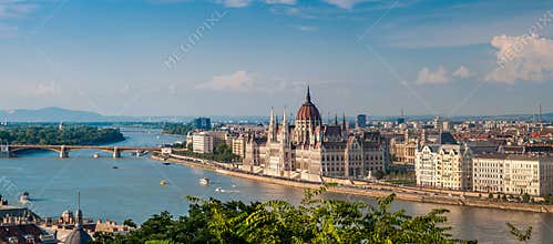Panorama view from Buda at the parliament with Danube river in Budapest