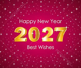 Happy New Year. 3D gold number 2027 on a starry pink background. Hand-drawn vector illustration.