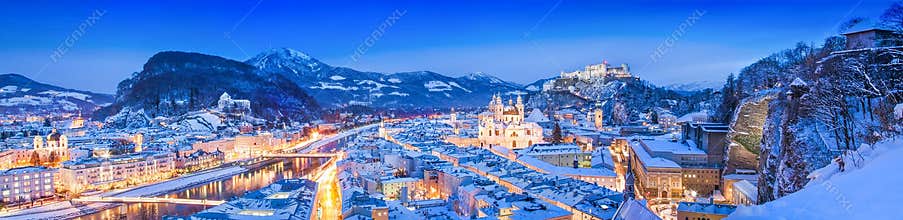 Salzburg skyline winter panorama at blue hour, Austria