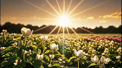 Field of White Anemone Flowers at Sunset with Vibrant Sunburst