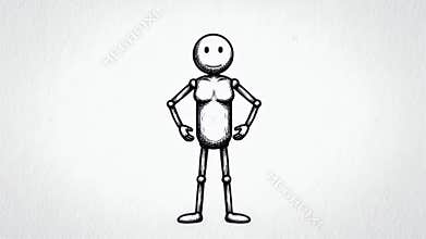 Monochrome Hand-Drawn Stick Figure Animation on White Paper Background with Walking Gestures, Minimalist Design for