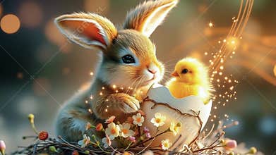Easter bunny and Easter chicks in eggshells