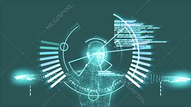 Vitruvian man graphic with interface animation