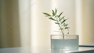 Green plant sprig growing in modern clear vase