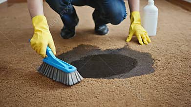 Removing Carpet Stain with Brush, household cleaning concept