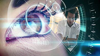 Eye looking at futuristic interface showing business clips