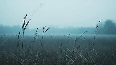 Dry grass stalks standing in a misty field